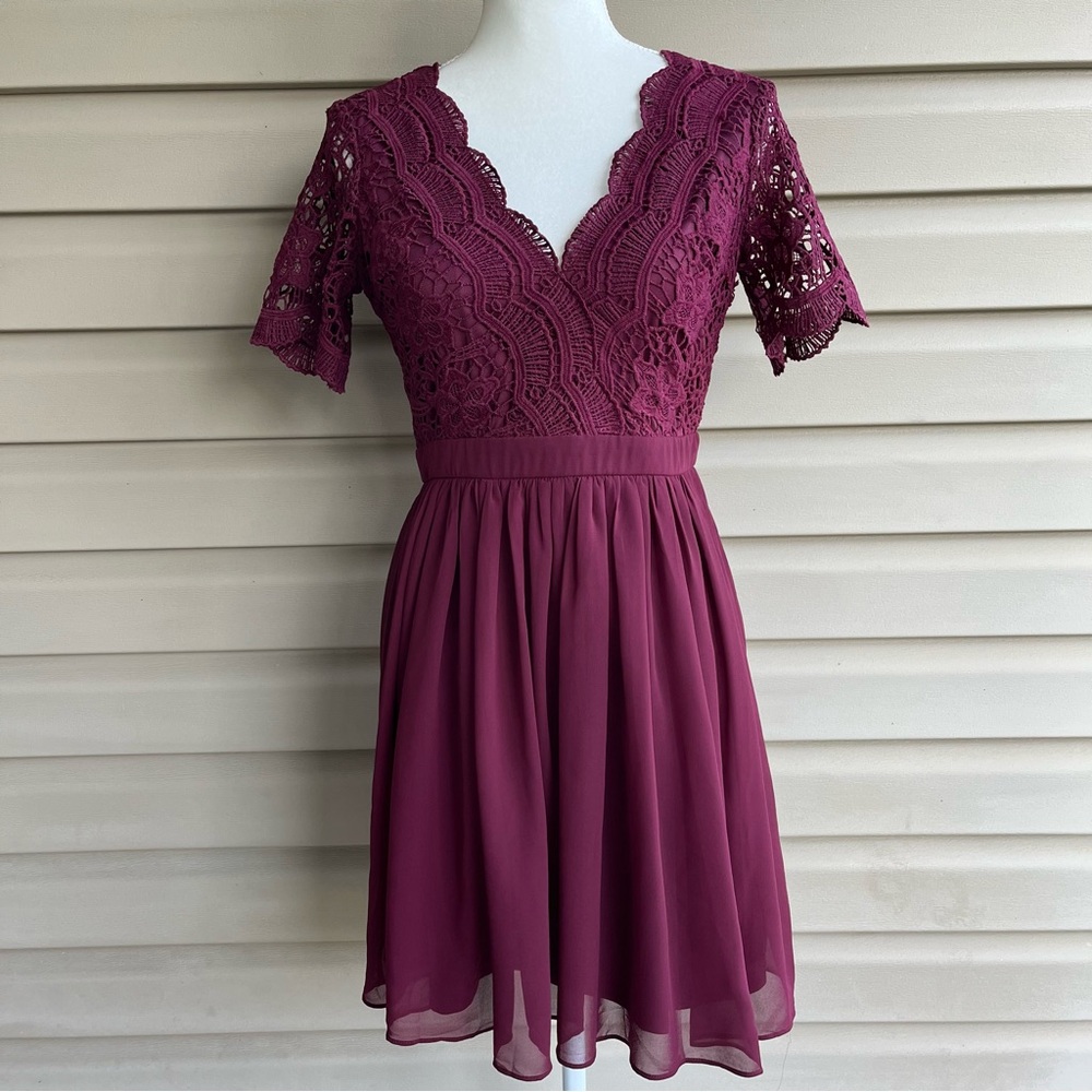 •Lulus•  “Angel in Disguise” Burgundy Lace Skater Dress - Size Small